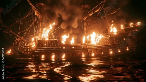 Europe medieval lifestyle. A dramatic depiction of a pirate ship engulfed in flames. The ship, with its masts and rigging, is the main subject. The flames are bright orange and yellow.