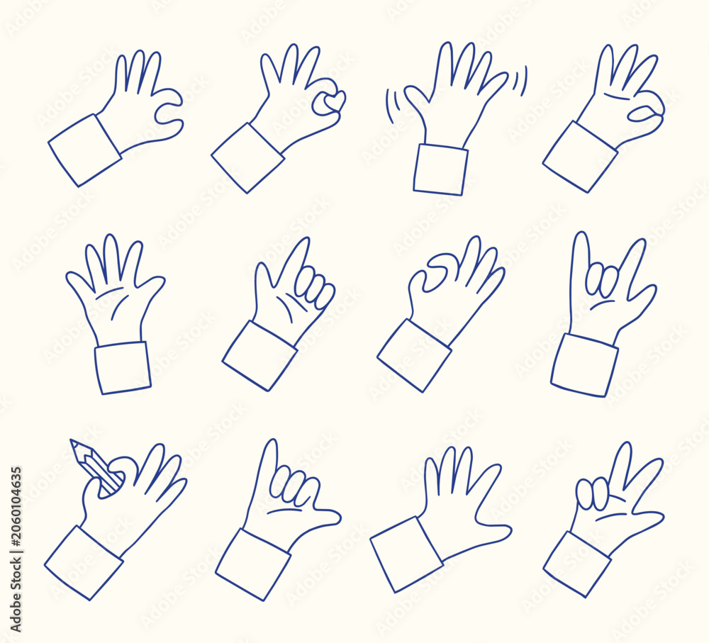 Fototapeta premium Set of Blue Line Art Hand Gesture Icons and Minimalist Illustrations