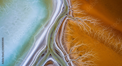 Aerial abstract view of salt evaporation ponds with mineralized colorful water abstract landscape evaporation chemical environment industrial colorful topography resource