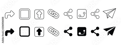 Share link icon set showing social media sharing buttons, outline and silhouette symbols, arrow link elements, and website interface graphics, vector illustration, vector, designs