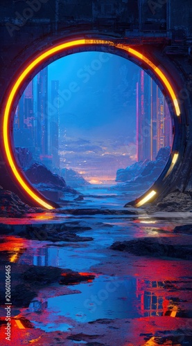 Abstract futuristic portal scene with neon lights and reflective water