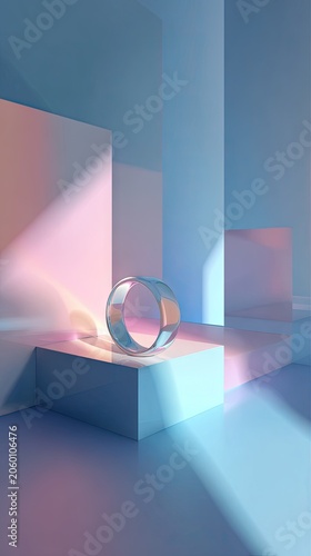 Abstract geometric composition with a reflective ring illuminated by soft light