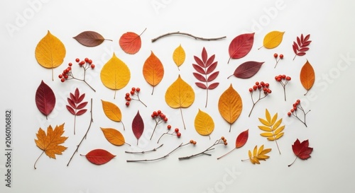 Autumn leaves and berries composition isolated on white background
