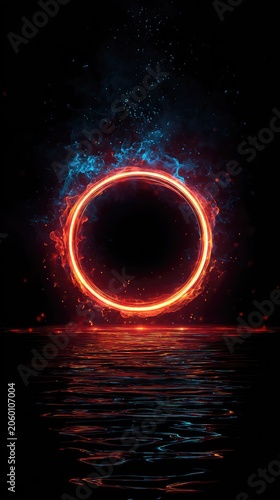 Abstract glowing ring reflecting on water surface against dark background