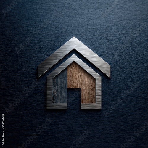 Abstract house logo design with metallic and wooden textures on dark background