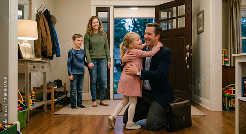 Happy family welcoming father returning home from work