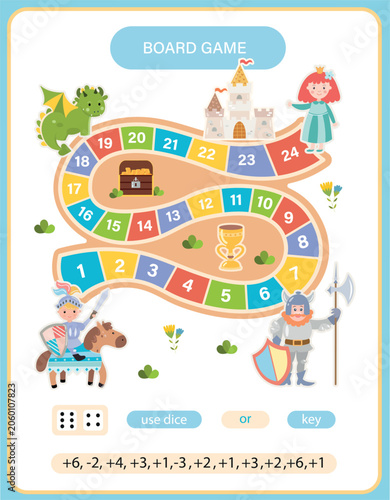 Fairy tale board game for children with numbers path, knight on horse, viking, dragon and princess. Educational printable worksheet, puzzle activity page for kids. Vector illustration.