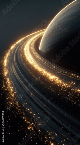 Abstract illustration of a planet with a glowing golden ring against dark space