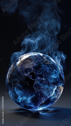 Abstract illustration of earth surrounded by blue smoke against dark backdrop