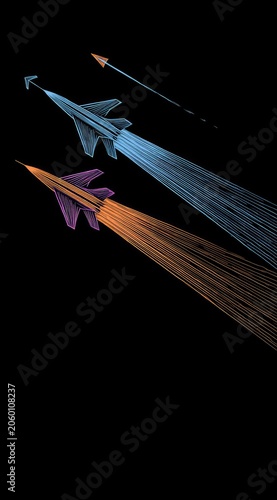 Abstract illustration of three fighter jets with vapor trails on dark background