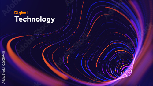 Big Data Waves Abstract Technology Background With Futuristic Digital Vortex, Particle Flow Dynamic Data Transformation. Analytics And Innovation Concept. Big Data Technologies. Vector Illustration.