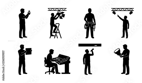 Fotografie Stage Technician Silhouettes, Lighting Rig Crew, Sound Engineer Icons, Event Pro
