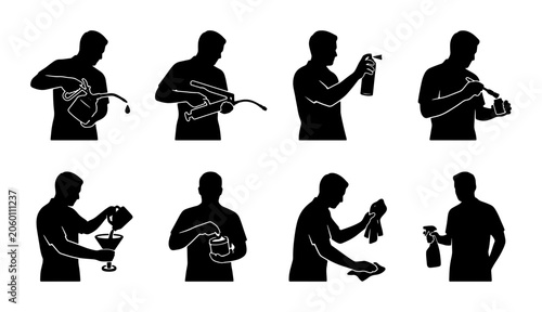 Quadro su tela Barman Silhouette Icons, Cocktail Preparation Steps, Bartending Service Actions,
