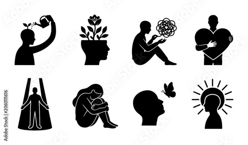 Cuadro en lienzo Mental Health Icons Set, Psychology Concepts, Emotional Well-being, Personal Gro