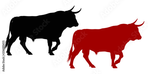 Quadro su tela Two bull silhouettes in contrasting colors of black and red against a white back