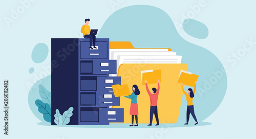 Obraz na plátně Business office team organizing corporate documentation in tall file cabinets while colleagues hold folders for paper archiving and data storage management work