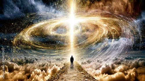 Cosmic vortex light celestial portal sky surreal fantasy landscape glowing energy swirl lone human silhouette dramatic cloud path mystical universe spiritual journey dream vision
