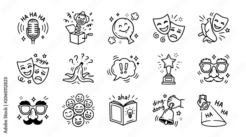 Fototapeta premium Comedy and Humor Icons: Laughter, Jokes, Entertainment, Performance, and Fun Symbols
