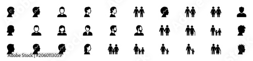 Photography Set of various black human silhouette icons showing different age groups, gender