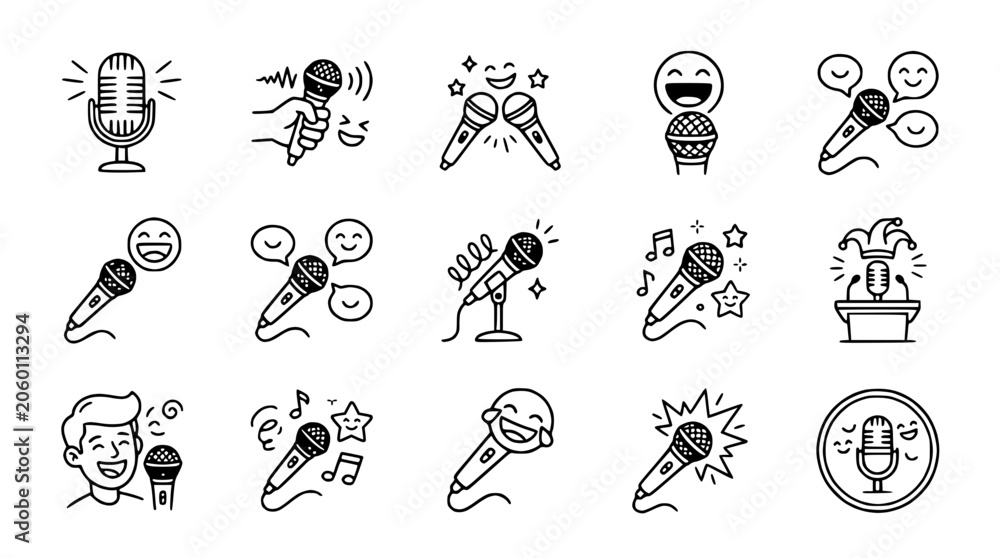 Fototapeta premium Microphone Icons Set: Singing, Comedy, Speech, Music, Performance - Hand Drawn Style