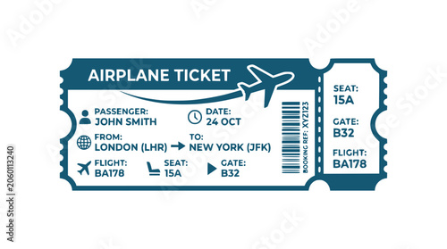 An airplane ticket illustration for a flight from London to New York on October 24.