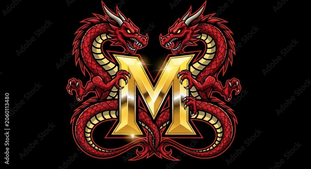 Naklejka premium Two red dragons surrounding a golden letter M.