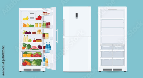 Set of three white domestic refrigerators showing open fridge with healthy food closed door view and empty interior with shelves and drawers in flat style.