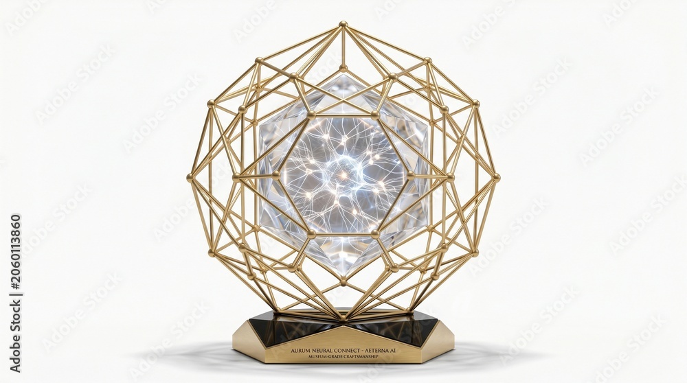 Obraz premium A golden geometric wireframe dodecahedron sculpture containing a glowing crystalline core, mounted on a dark base, isolated on white background
