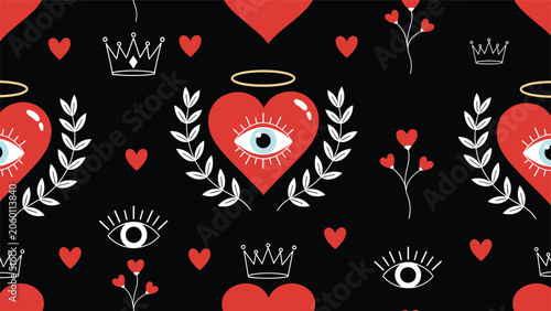 Obraz na plátně Edgy seamless pattern featuring red hearts with angelic halos, watchful eyes, and laurel wreaths on a black background for a unique gothic style