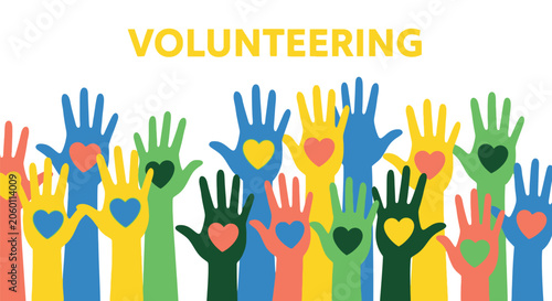 Fotografie Volunteering banner with diverse upraised hands with heart shapes showing support help and love for volunteer work or charity organization