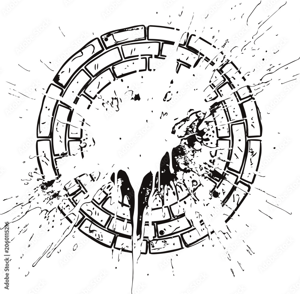 Obraz premium Broken brick wall circle frame design with grunge paint splatter effects for industrial concepts