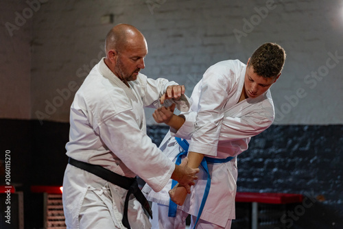 Bild auf Leinwand Karate instructor demonstrating grappling technique with student