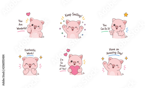 Cute Pig Motivational Sticker Collection with Positive Encouragement Messages. Kawaii Pig Character Set Featuring Supportive Quotes and Cheerful Celebration Poses