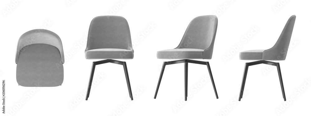 Fototapeta premium Modern gray upholstered swivel chair with sleek black metal legs