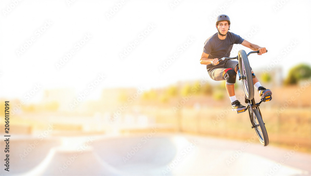 Naklejka premium A BMX rider in a helmet performs a trick in mid-air at a skatepark. The background features a blurred sunset, creating a dynamic and energetic atmosphere.