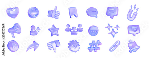 Obraz na plátně Collection of glassstyle icons with various symbols in pastel lavender hues