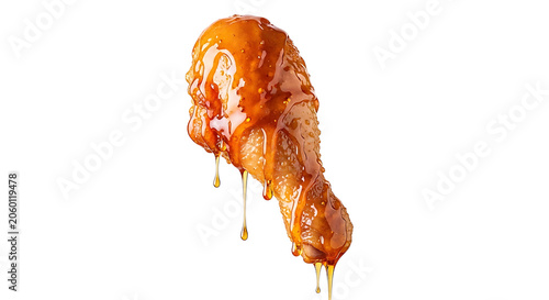Glazed Crispy Fried Chicken Leg Drumstick Dripping with Sweet and Spicy Sticky Sauce Isolated