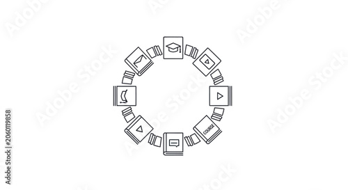 A circular arrangement of various educational icons on a white background
