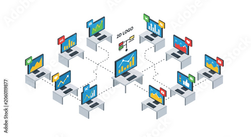 An isometric illustration showing a network of connected computer workstations