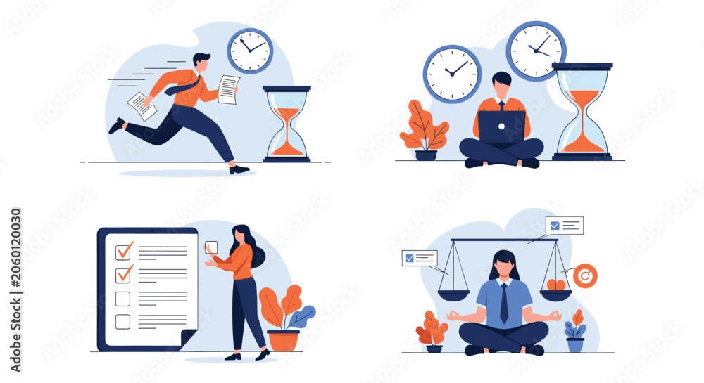 Fototapeta premium Flat illustration set showing office workers managing deadlines, multitasking with laptops, checking task lists, and maintaining work-life balance.