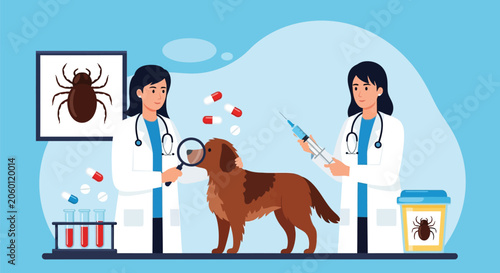 Bild auf Leinwand Veterinarian doctors examining sick dog in clinic with medicine capsules and laboratory blood test tubes parasites research analysis for animal health care flat