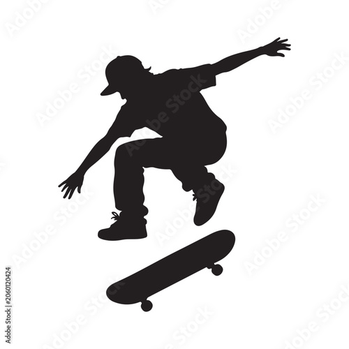Skateboarder silhouette vector illustration showing jumping action sports figure in black outline style