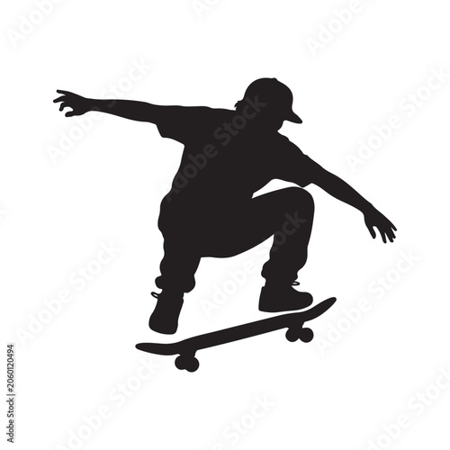 Silhouette of skateboarder jumping on skateboard sports vector illustration of athlete action in black silhouette style