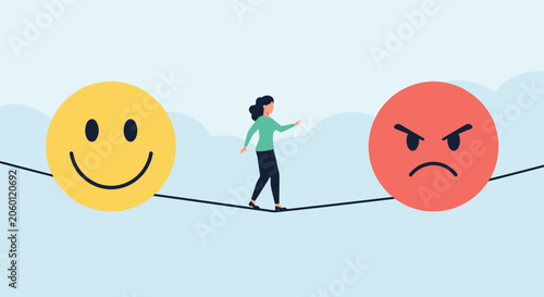 Photos Woman balancing on tightrope between happy and angry emoji faces illustrating emotional stability mood swings mental health wellness and psychological state