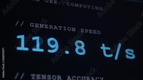 Close-up of a dark screen displaying AI generation speed metrics in tokens per second.