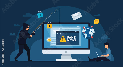 Hacker phishing for personal data from computer user with fake news alert and security icons representing cybercrime and internet vulnerability concepts.
