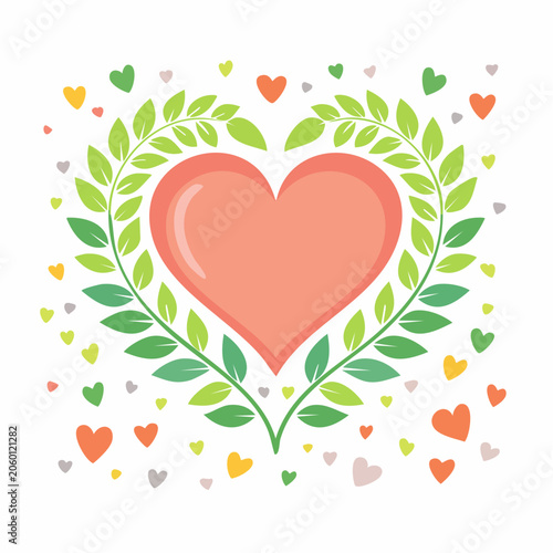 Heart surrounded by green leaves and small hearts