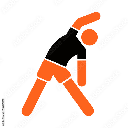 Stylized figure stretching exercise in orange and black colors
