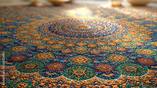Golden mandala ornate pattern circular design geometric art Islamic pattern mosaic texture blue background green detail orange accent decorative ornament radial symmetry artwork glows with warm