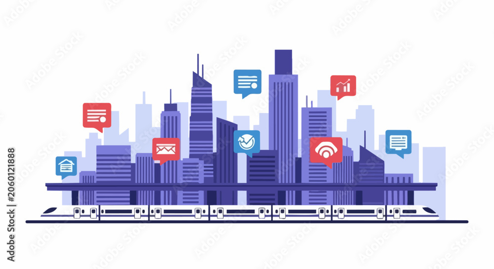 Fototapeta premium Smart City Digital Connectivity Network Illustration with High-Speed Train and Modern Urban Skyline